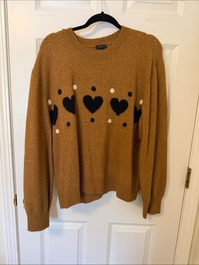 Ann Taylor Factory Camel Crewneck Sweater with Black Heart Motif XL